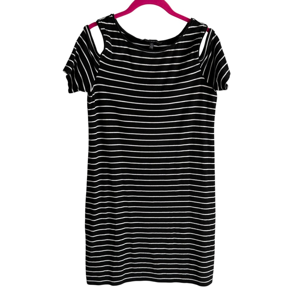 WHITE HOUSE BLACK MARKET Black&White Striped Cold Shoulder Knit Ladies Dress, M